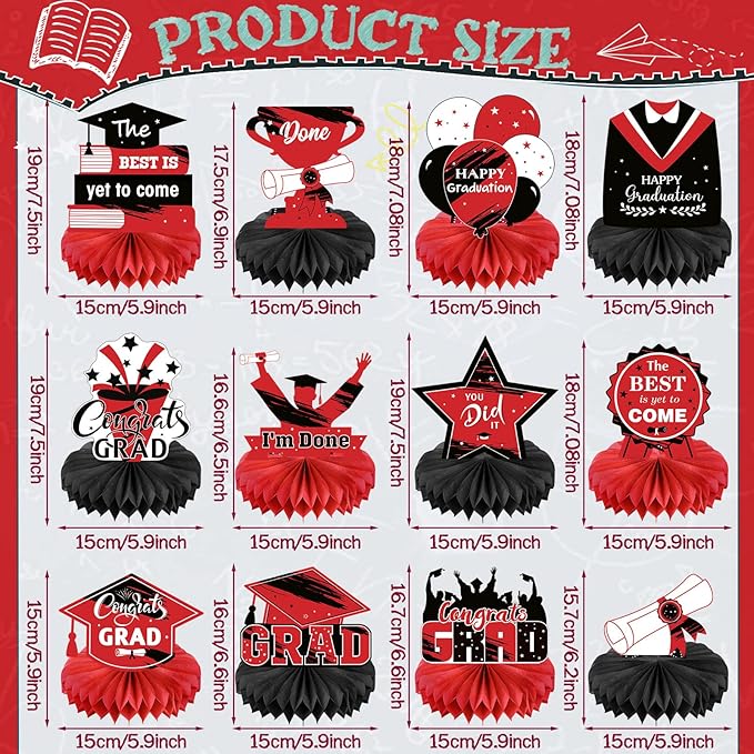 Honoson 12 Pcs 2026 Graduation Party Decorations Class of 2026 Congrats Grad Table Centerpieces Congratulate Graduation Honeycomb Table Toppers for Grad Party Favor Supplies(Red, Black)