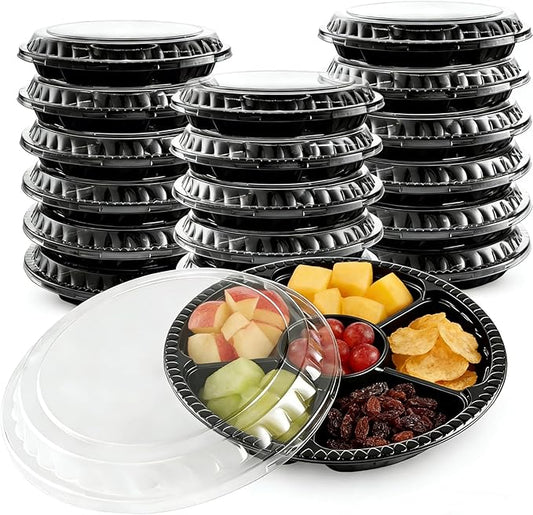 30 Pack Plastic Veggie Tray for Serving for Party, 10.4inch 6 Divided Compartment Disposable Party Platters for Vegetable Fruit Snack Nut, Fruit Trays with Lid for Buffet Catering