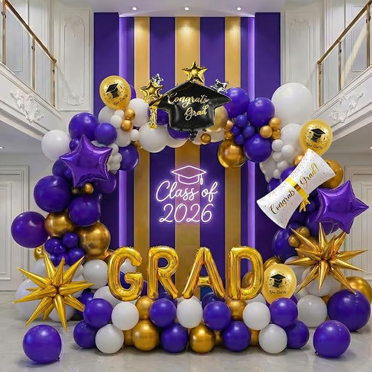 2026 Graduation Decorations Purple Gold White - 115Pcs Balloon Arch Kit with Certificate & Star Foil Balloons, Class of 2026 Graduation Party Supplies for College, High School Grad Prom Decor