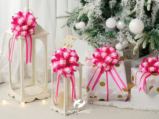 HUIHUANG Pink Pull Bows for Gift Wrapping 12 PCS Light Pink and Hot Pink Double Layer Satin Pull Bows 6" x 10" Gift Bow for Presents, Gift Basket, Birthday, Baby Shower Wedding Party Decor