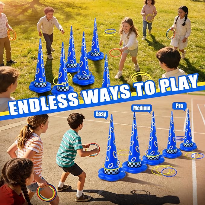 5 Pack Inflatable Ring Toss Game - Blue with Gold Ring Birthday Party Games with 10 Plastic Rings & Pump, Indoor Outdoor Carnival Toss Toy for Kids Party Favors