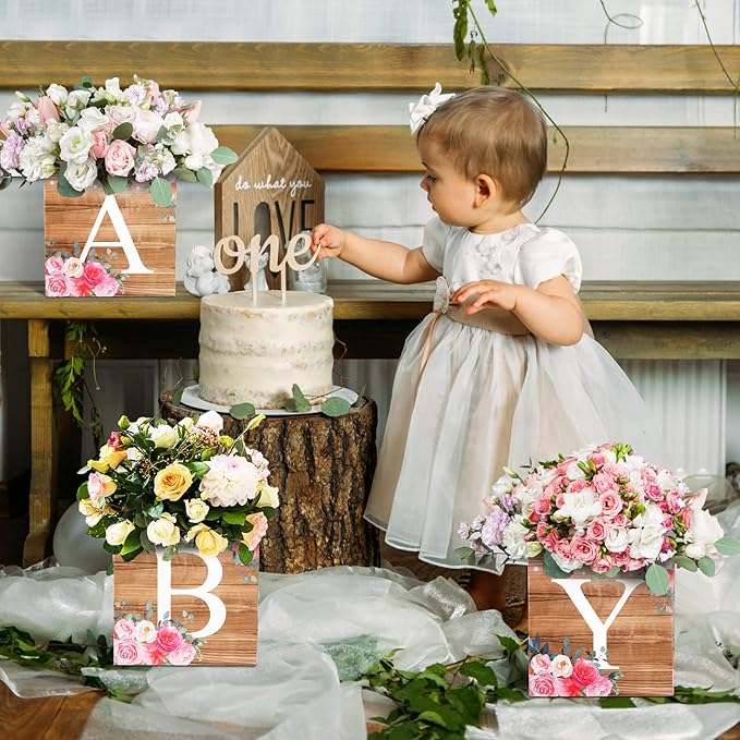 Bucherry 6 Pcs Baby Shower Centerpieces with Letters, 7" Baby Blocks Flower Boxes for Table Decorations, Gender Reveal Party Supplies & Photo Props(Wooden Color,Rustic Floral)
