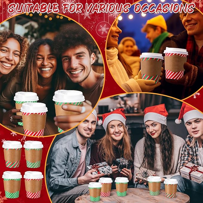 Mimorou 100 Pcs 8oz Fall Plaid Disposable Coffee Cups with Lids and Sleeves Autumn Thanksgiving Coffee Paper Cups for Cold Hot Drinks Fall Thanksgiving Party Supplies (Striped Style)