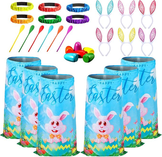 Civaner 30 Pcs Outdoor Games Set for Kids Includes 6 Bunny Potato Sack Race Bags 6 Egg and Spoon 6 Bunny Ears Headbands 6 Legged Relay Race Band for Game Party(Blue,Classic)