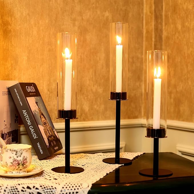 Black Candle Holders 3pc Hurricane Candlestick Holders,Taper Candle Holders with Glass Candle Cover for Wedding Table Centerpiece Decoration Christmas Party