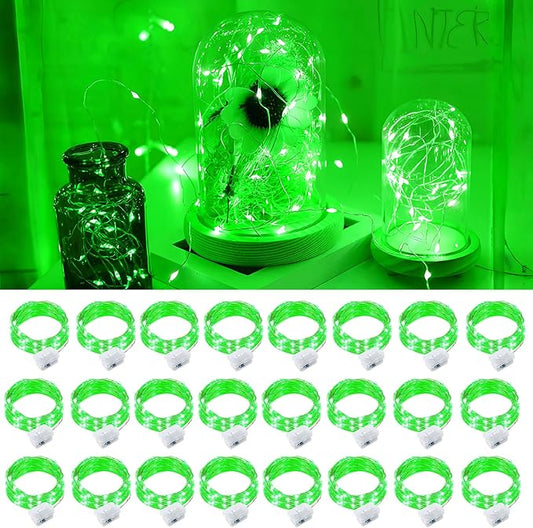 pozzolanas 24 Pack Green Fairy Lights Battery Operated 3 Modes 7FT 20 LED Waterproof String Lights Twinkle Silver Wire for Mason Jars Wedding Christmas Halloween Party Decor (24, Green)