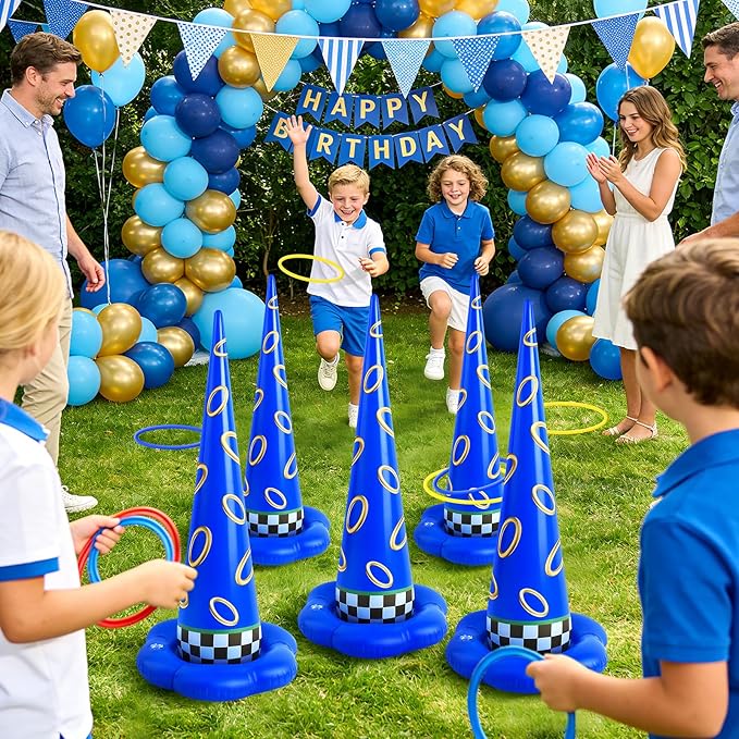 5 Pack Inflatable Ring Toss Game - Blue with Gold Ring Birthday Party Games with 10 Plastic Rings & Pump, Indoor Outdoor Carnival Toss Toy for Kids Party Favors