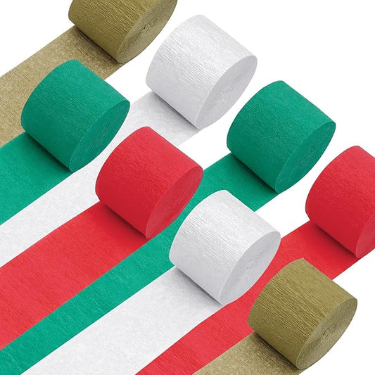 8 Rolls Christmas Crepe Paper Streamers Christmas Party Supplies Red Green White Paper Streamers for Xmas,New Year, Birthday, Graduation Party