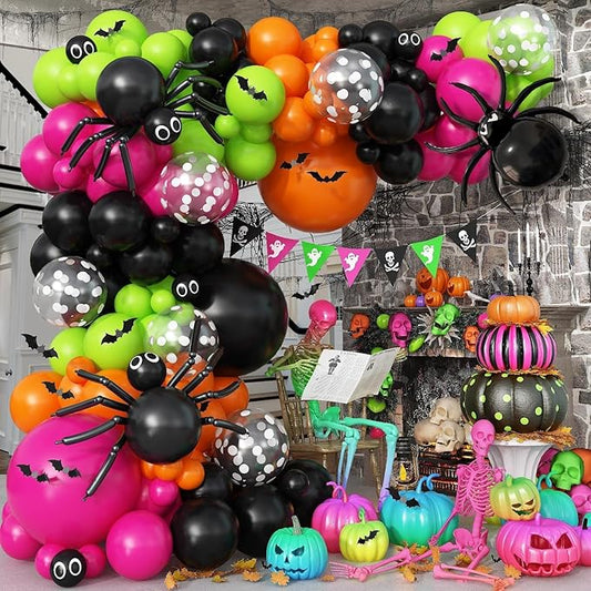 135PCS Neon Halloween Balloon Garland Kit, Bright Pink Lime Green Orange Black Balloons Arch with Diy Spider & Bat, Cute Halloween Party Decorations for Kids Spooky Night Trick or Treat Backdrop Decor