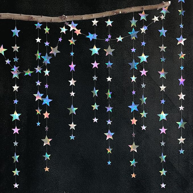 Cheerland 156ft Iridescent Star Garlands Space Party Decorations Hanging Stars Decoration Holographic Streamer Banner Backdrop Graduation Disco Galaxy Moon Euphoria Birthday Party Garland Star Decor