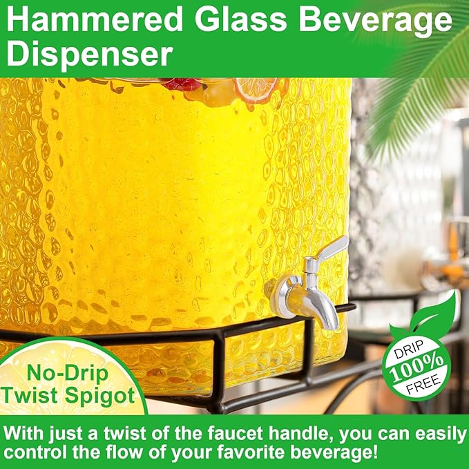2 Pack 5 Gallon Glass Water Drink Dispenser for Party, Hammered Glass Beverage Dispenser, Water Jug Container with Stainless Steel Spigot for Parties, Weddings, Catering, Lemonade, Iced Tea