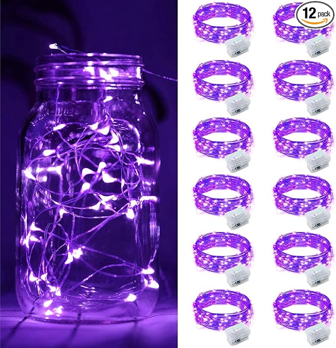 12 Pack Fairy Lights Battery Operated, 7ft 20 Mini LED Silver Wire Twinkle Lights for DIY, Parties, Wedding, Bedroom, Christmas Decoration (Purple)