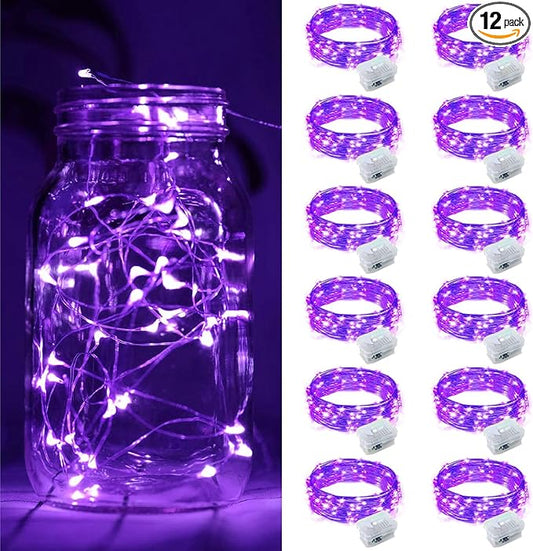 12 Pack Fairy Lights Battery Operated, 7ft 20 Mini LED Silver Wire Twinkle Lights for DIY, Parties, Wedding, Bedroom, Christmas Decoration (Purple)