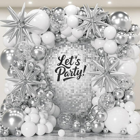 153Pcs White and Silver Balloons Garland Arch Kit with Stars - 22 18 12 10 5 inch Different Size White Metallic Silver Confetti Latex Balloon for Birthday Baby Shower Wedding Party Decorations