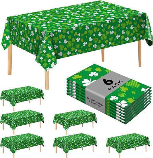 6 Pack Clover Disposable Plastic Tablecloth 54" x 108" Green Shamrock Party Table Cloths Disposable for 6 to 8 Foot Tables St Patricks Day Party Indoor or Outdoor (Clover)