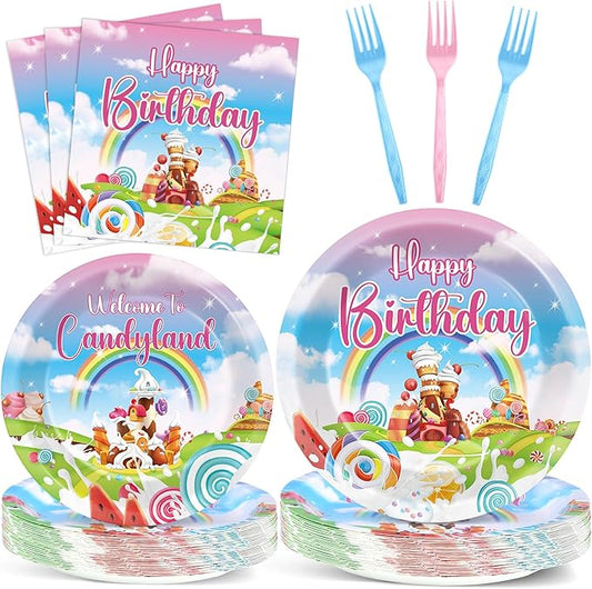 96Pcs Candy Party Supplies Candy World Birthday Paper Plates Napkins Disposable Candies Party Decorations Sweet Candies Dinnerware Favor for Baby Shower Sweet Land Theme Birthday Tableware Serves 24