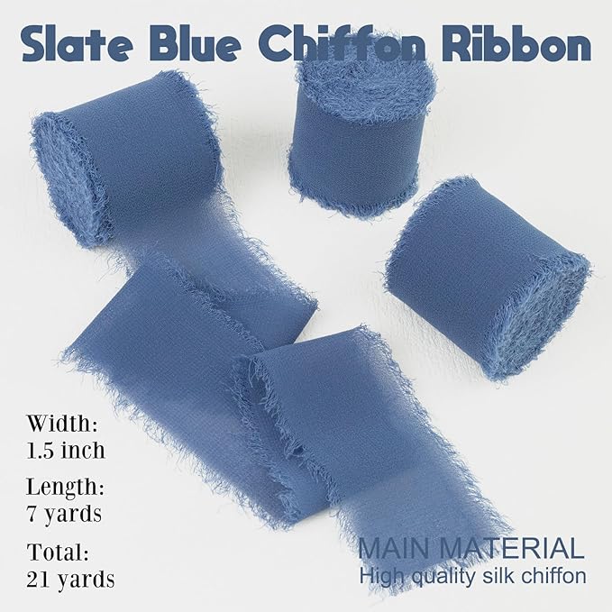 Slate Blue Chiffon Ribbon - 1-1/2 Inch x 21 Yards, Handmade Fringe, Silk, Boho Frayed, Dark Blue, Gift Wrapping, Wedding Invitation, Bridal Flower Bouquets