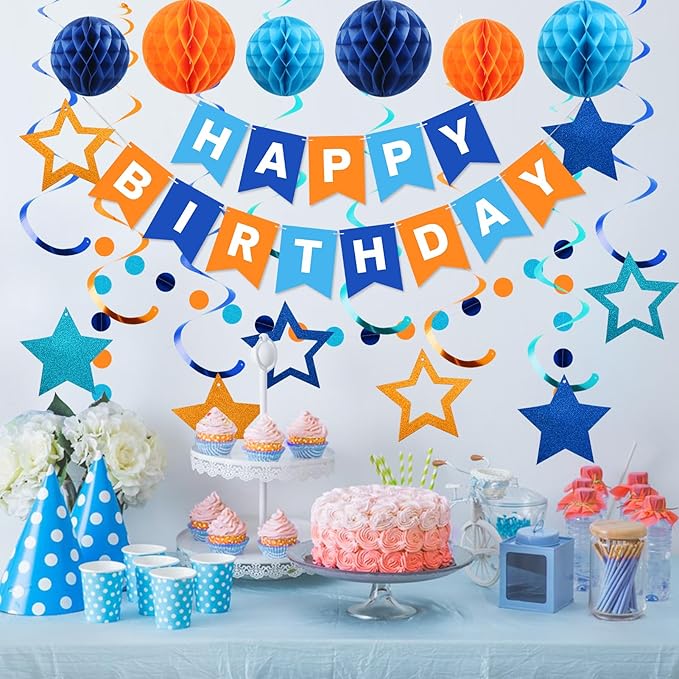 meowtastic Birthday Decorations, Happy Birthday Banner with Honeycomb Balls, Star Hanging Swirl Streamers, Circle Dots Garland, Happy Birthday Party Decorations for Women Girls (Blue & Orange)