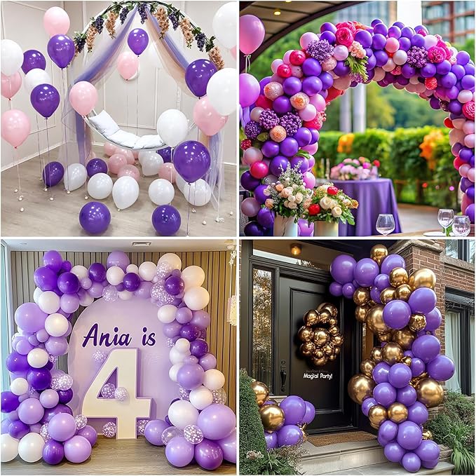 RUBFAC Purple Balloons 129pcs, Lavender Lilac Purple Balloon Arch Kit, Different Sizes 18 12 10 5 Inch for Masquerade Party Decorations Engagement Bachelorette Birthday Bridal Baby Shower Supplies