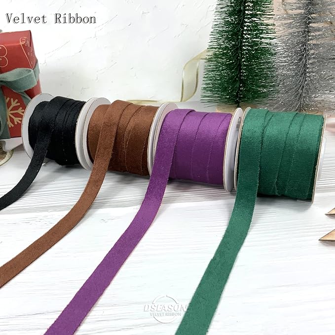 Velvet Ribbon Set 3/8" x 10 Yards, 2 Rolls 20 Yards, Dseason Handmade Purple Velvet Ribbon Set for Party Decor & Bow Making, Christmas Tree, Wreath Decoration, DIY Crafts Decoration