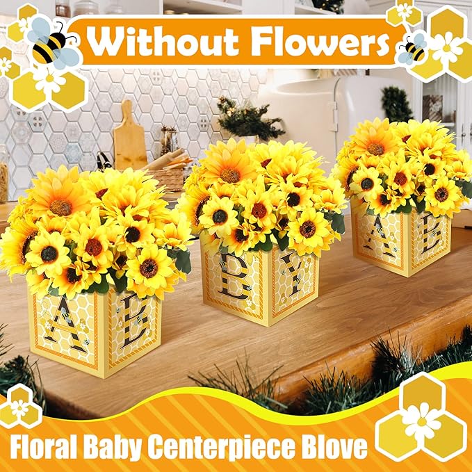 Bucherry 6 Pcs Baby Shower Centerpieces with Letters, 7" Baby Blocks Flower Boxes for Table Decorations, Gender Reveal Party Supplies & Photo Props(Yellow,Honey)