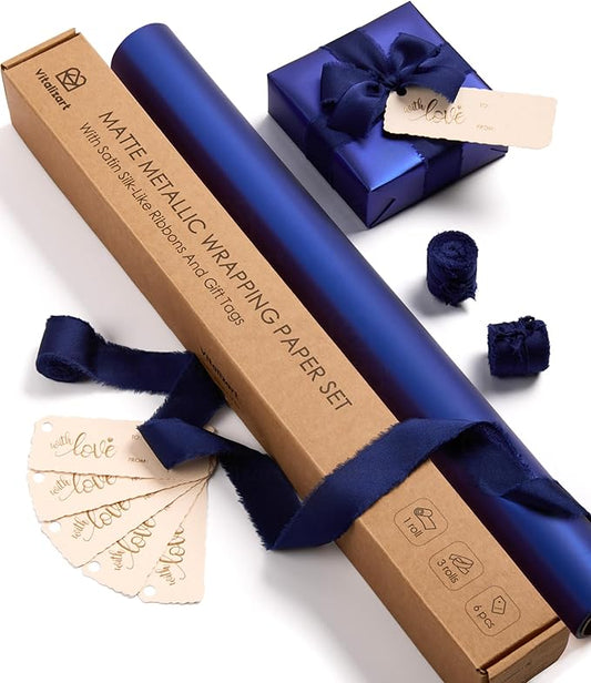 Vitalizart Blue Matte Metallic Wrapping Paper Set 17" With Silk Satin Ribbon & Gift Tags Christmas Gift Wrapping Birthday Baby Shower Wedding Bouquets Handmade Crafts 197"(16.4 Ft) Blue Ribbon