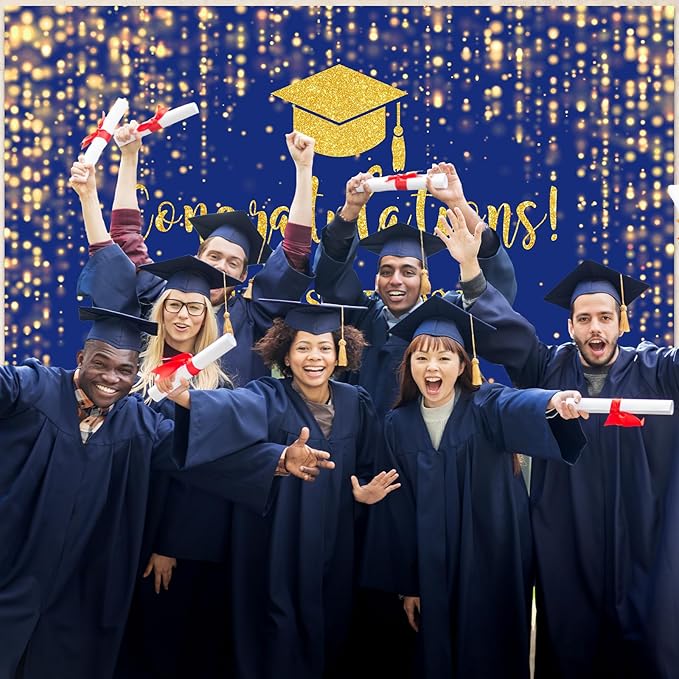 Mocsicka Class of 2026 Backdrop Blue Gold Glitter Bokeh Graduation Party Background 2026 Congrats Grad Prom Party Cake Table Decoration Photo Booth Props (8x6ft)