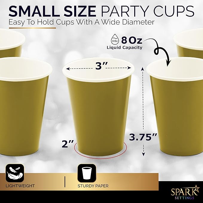Disposable Paper Cups, 8 oz. Gold Paper Coffee Cups, Strong and Sturdy Coffee Disposable Cups for Party, Wedding, Thanksgiving Day, Christmas, Halloween Hot Cups, Pack of 20