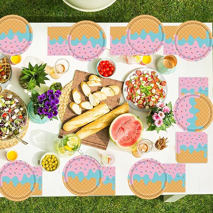 40 Pcs Ice Cream Plates and Napkins Party Supplies,Disposable Ice Cream Paper Plates and Napkins Tableware Set for Birthday Baby Shower Sweet Summer Ice Party Serve 20 Guests