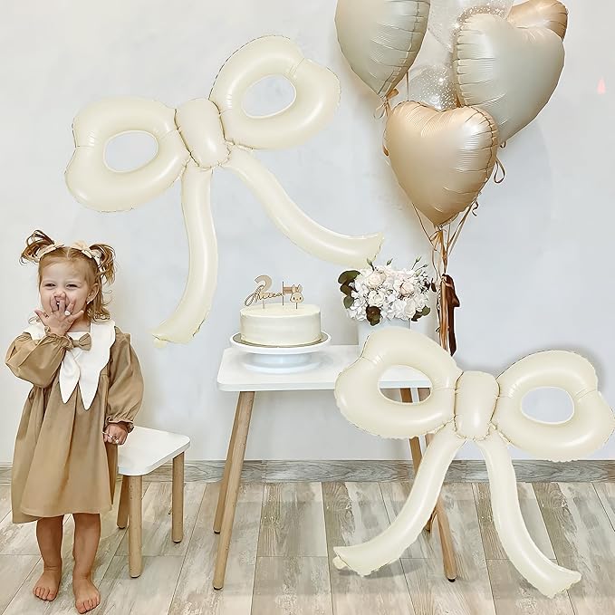 4 Pcs Bow Birthday Decorations Cream Bow Balloons for Girl Women Bow Themed Party Decorations Giant Foil Beige Balloons for Birthday Baby Shower Gender Reveal Wedding Decor Party Supplies