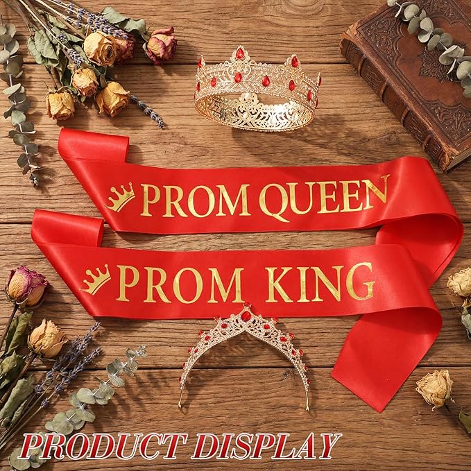 Ferreve 4 Pcs Prom King and Queen Crowns and Sashes Set Prom King and Queen Tiara Sash for Graduation Homecoming Costume Wedding Birthday (Red)