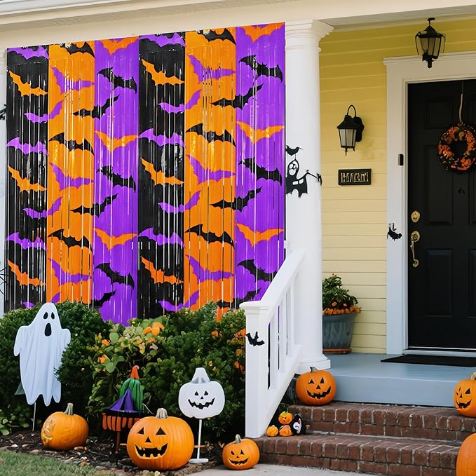 Halloween Party Decorations, 2 Pack Halloween Foil Fringe Curtains 3.3 X 6.6 ft, Orange Purple Black Bat Pattern Halloween Party Backdrop Photo Booth Props Streamers Halloween Birthday Party Supplies