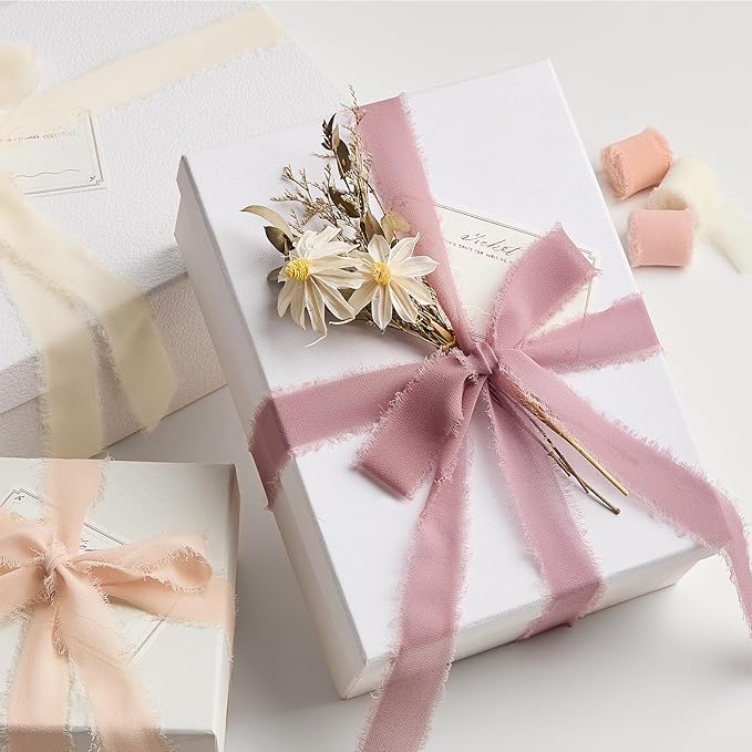 Mixed Color Chiffon Ribbon 1" x 27 Yd Handmade Fringe Silk Chiffon Fabric Ribbon for Gift Wrapping Wedding Invitation Bridal Flower Bouquet DIY Crafts Home Decor