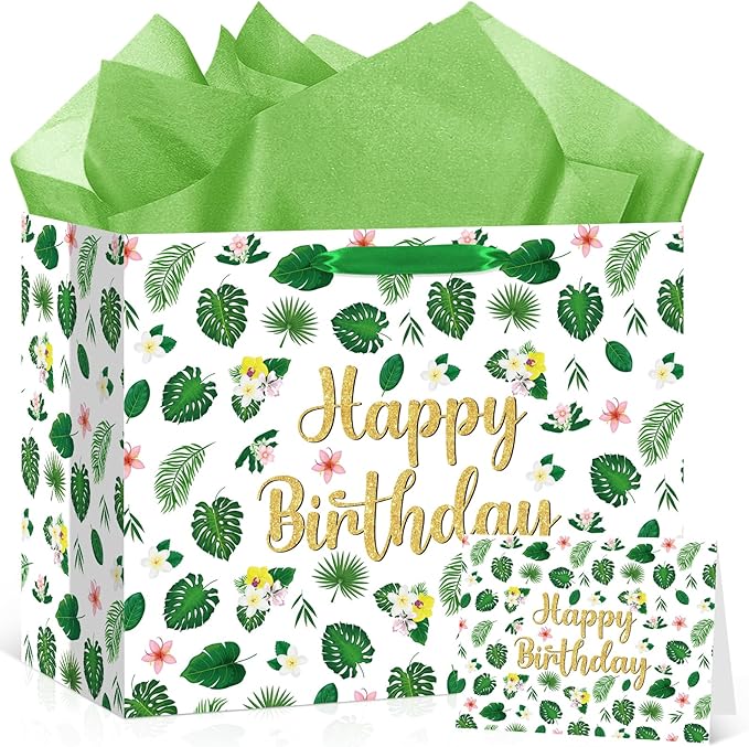 Yomaiha Tropical Hawaiian Birthday Gift Bag with Tissue Paper and Greeting Card, Summer Palm Leaves Happy Birthday Wrapping Paper Bag for Men Women Boys Girls Luau Party Decorations Supplies