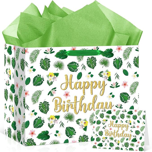 Yomaiha Tropical Hawaiian Birthday Gift Bag with Tissue Paper and Greeting Card, Summer Palm Leaves Happy Birthday Wrapping Paper Bag for Men Women Boys Girls Luau Party Decorations Supplies