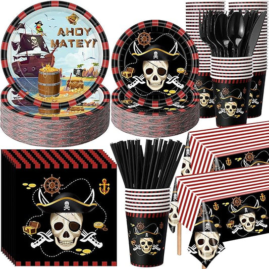 Potchen 452 Pcs Party Supplies Serve 50 Guests, Paper Plates Napkins Cups Cutlery Plastic Tablecloth Dinnerware for Birthday Wedding Party Decoration(Red Black, Pirate)