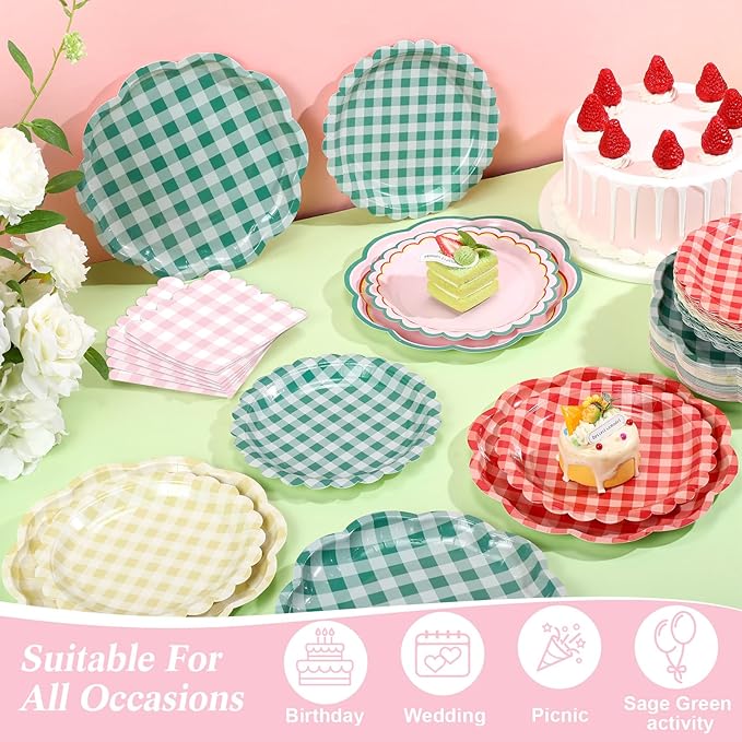 216 Pcs 72 Guests Camp Gingham Party Plates and Napkins Camping Gingham Paper Plates Napkins Checkered Plaid Disposable Tableware for Picnic BBQ Bachelorette Baby Bridal Shower Party Supplies