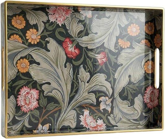 Vintage William Morris-Style Serving Tray with Handles - 15.7" x 11.8" Floral Pattern Decorative Platter for Coffee Table, Ottoman & Breakfast in Bed - Sturdy Plastic Rectangular Tray
