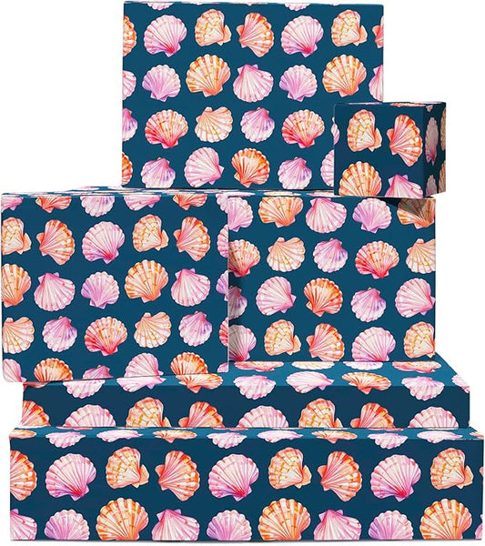 CENTRAL 23 Seashell Wrapping Paper - 6 Sheets Ocean Beach Theme Gift Wrap For Women Girls Birthday Wedding Or Anniversary - Pink And Purple Shells Blue - Comes With Tags