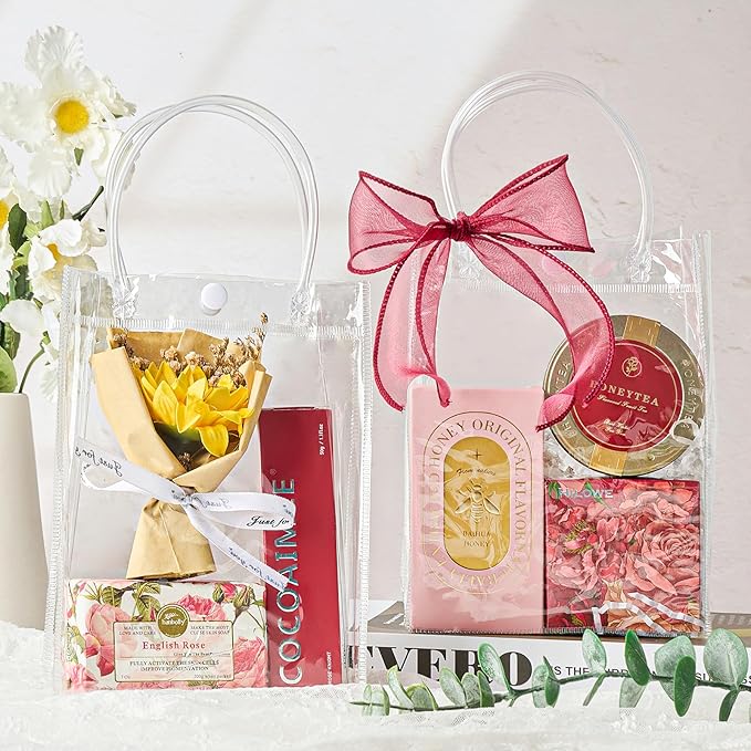 Jutieuo 24 PCS Clear Gift Bags with Handles, 5.9 x 7.9 x 2.8 Inches Reusable Plastic Goodie Bag Transparent Party Favor Bags Bulk for Weddings Birthdays Events, Classrooms & Celebrations