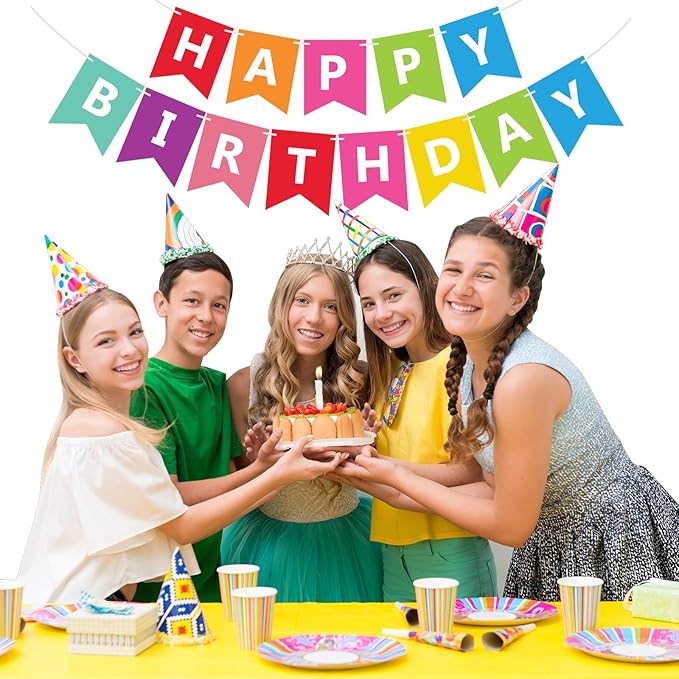 Fecedy Colorful Happy Birthday Banner Bunting Pre-Strung No DIY for Birthday Party Decorations (Multi)