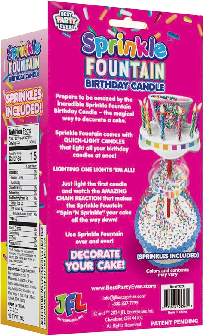 BEST PARTY EVER! Sprinkle Fountain Birthday Candle with 32 Candles, Reusable Spinning Birth Cay Cakes Topper, Decorate Your Cake in Sprinkles