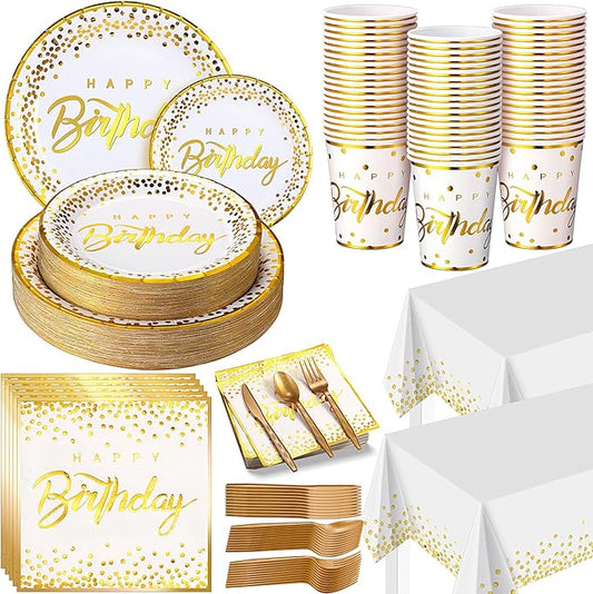 Nosiny 352 Pcs White and Gold Party Supplies Gold Dot Plastic Plates Cups Napkins Tablecloths Forks Knives Spoons Disposable Party Dinnerware Set Serve 50 Guests for Birthday Wedding Decorations