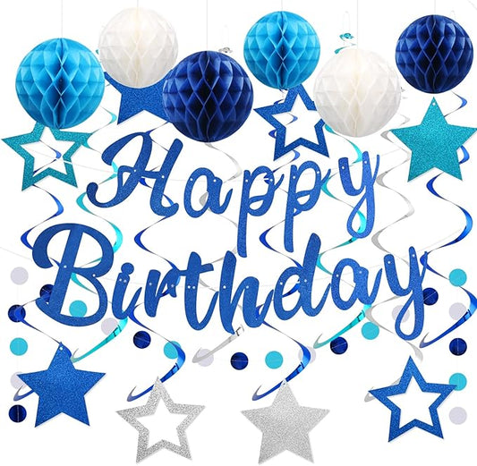 YEOCU Birthday Decorations, NO DIY, Pre-Strung Happy Birthday Banner with Honeycomb Balls, Hanging Swirls, Circle Dots Garland, Party Decorations for Women Men Boys Girls (Blue)
