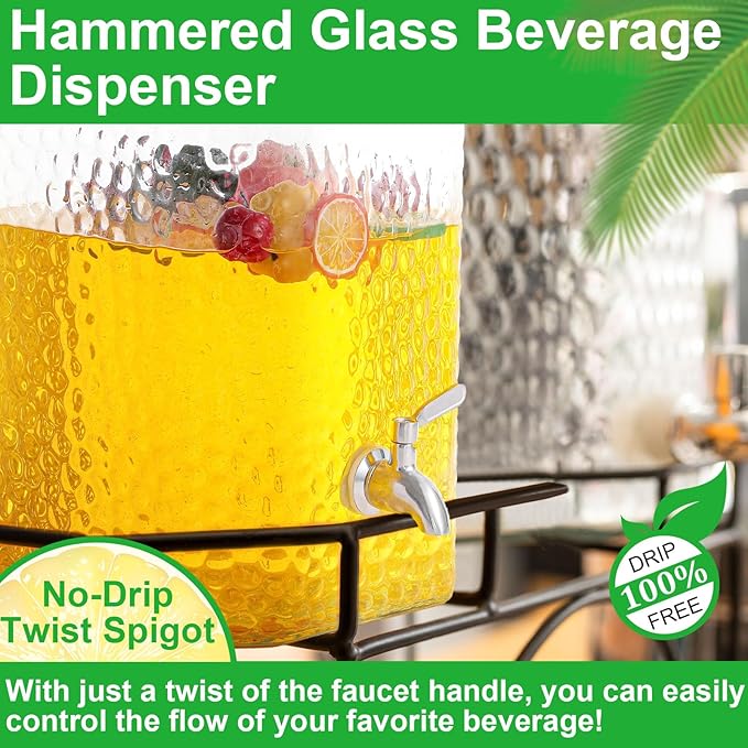 1 Pack 2.5 Gallon Glass Water Drink Dispenser for Party, Hammered Glass Beverage Dispenser, Water Jug Container with Stainless Steel Spigot for Parties, Weddings, Catering, Lemonade, Iced Tea