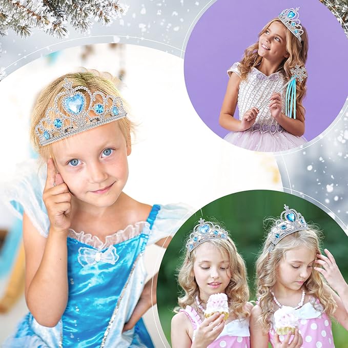 Chalyna 12 Pcs Princess Crowns Tiara Wand for Little Girl Silver Heart Jewel Plastic Tiara Winter Gift for Birthday(Blue,Snowflake Style)