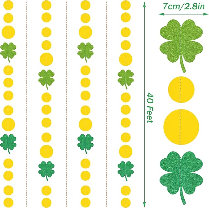 40Ft Glitter Shamrock Clover Garland St. Patrick's Day Decor Clover Glitter St Paddys Banner Hanging Streamers for Irish Lucky Spring Party Home Office Decor Supplies