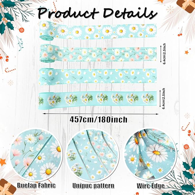 Spring Daisy Wired Edge Ribbon, 2.5 Inch Turquoise Blue with White Pink Floral Printed Ribbon, 4 Rolls for Birthday Wedding Bridal Baby Shower DIY Wrapping Mother's Day Party Decor (Turquoise Blue)