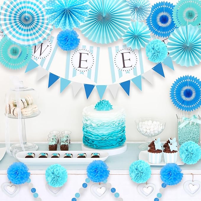 LRCXL Blue Party Decoration, 21Pcs Blue Hanging Paper Fans, Paper Pom Poms Flowers, Pennant, Garland String, Banner for Boy Birthday, Bridal Shower, Baby Boy Showers, Wedding