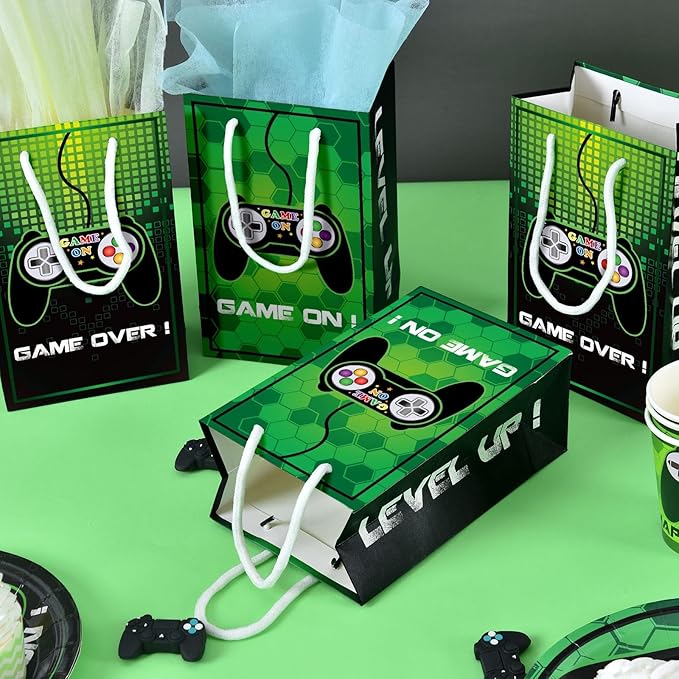 WERNNSAI Video Game Party Favor Bags - 16 Pack Gaming Birthday Party Decorations for Kids Boys Green Game Goodie Bags with Handles Game On Birthday Party Supplies for Baby Showe Anniversary
